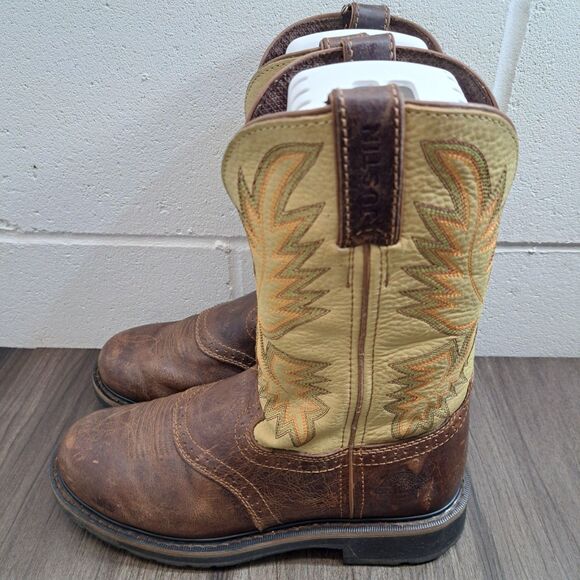 Justin Stampede Men's Western Work Boots Size 8.5D Brown And Tan Leather Cowboy - Picture 4 of 10